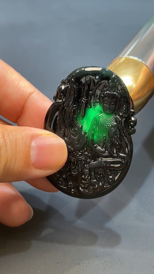 翡翠玉器天然A級翡翠透陽綠墨翠觀音吊墜 翡翠直播#253 - Image 3