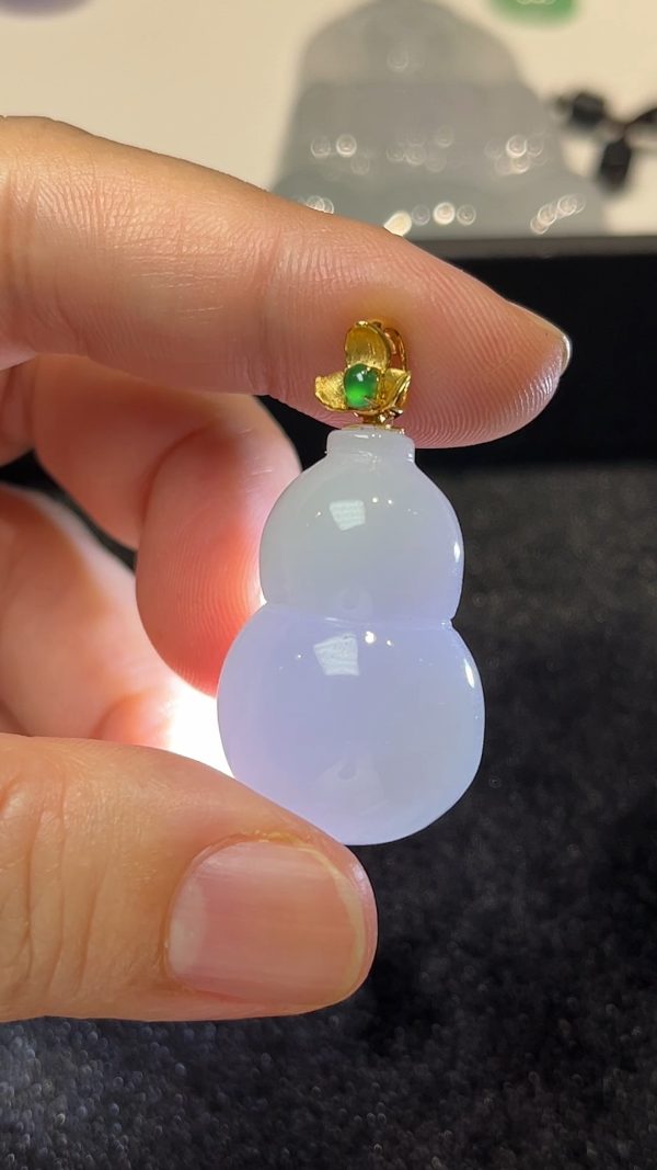 翡翠玉器福祿雙全｜18K黃金鑲嵌紫羅蘭翡翠葫蘆吊墜 #278 - Image 3