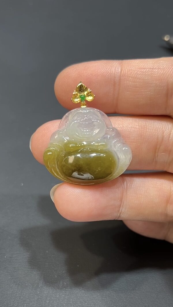翡翠玉器精選 福慧自在・黃翡翠佛公配18K金扣 編號# 418 - Image 6