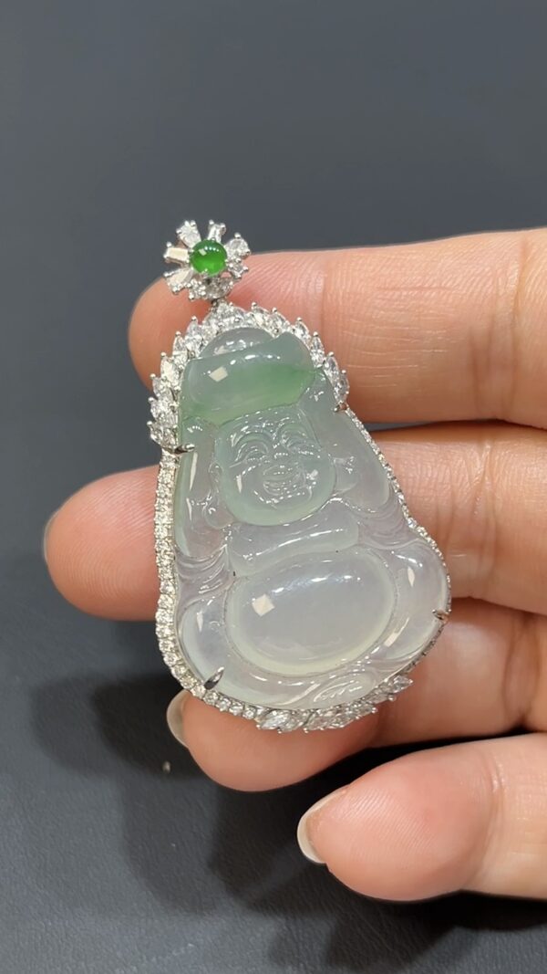 天然翡翠彌勒佛吊墜 18K白金＋鑽石鑲嵌 商品編號#476 - Image 5