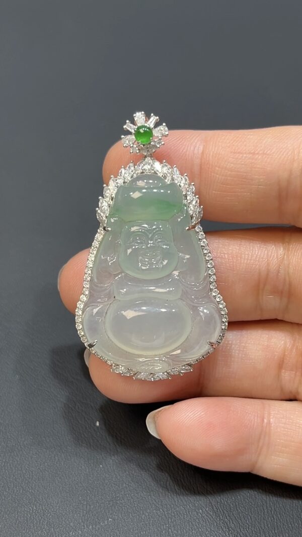 天然翡翠彌勒佛吊墜 18K白金＋鑽石鑲嵌 商品編號#476 - Image 7