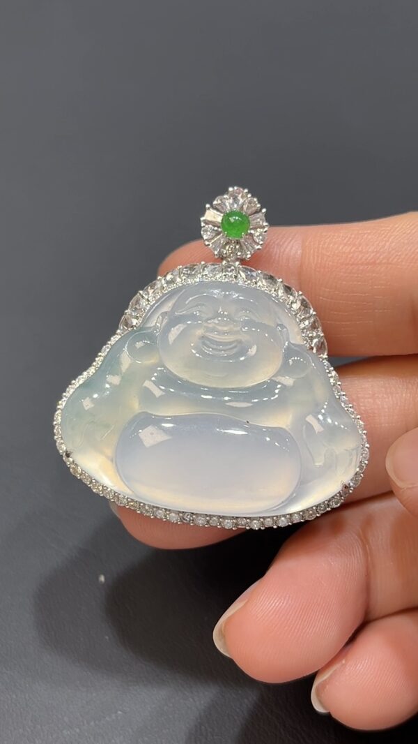 天然白翡翠佛公吊墜｜18K白金鑲嵌工藝 商品編號#477 - Image 7