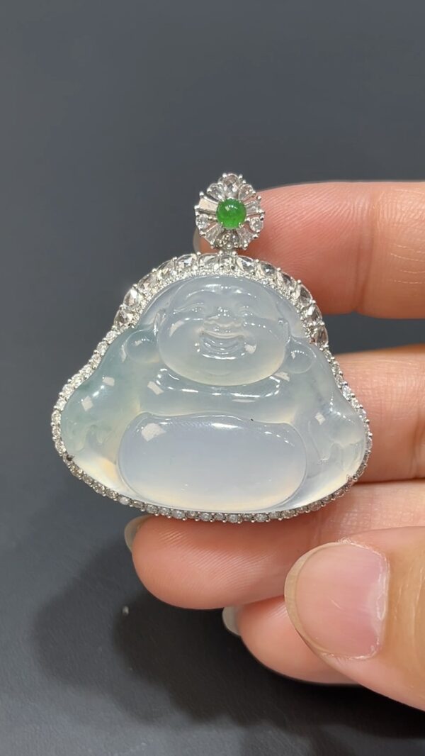 天然白翡翠佛公吊墜｜18K白金鑲嵌工藝 商品編號#477 - Image 5