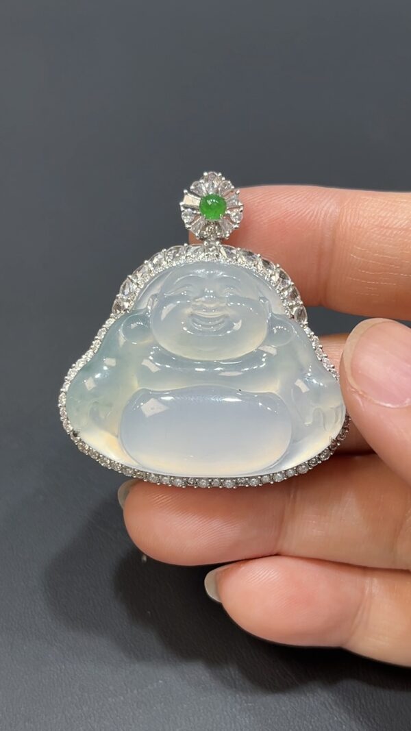 天然白翡翠佛公吊墜｜18K白金鑲嵌工藝 商品編號#477
