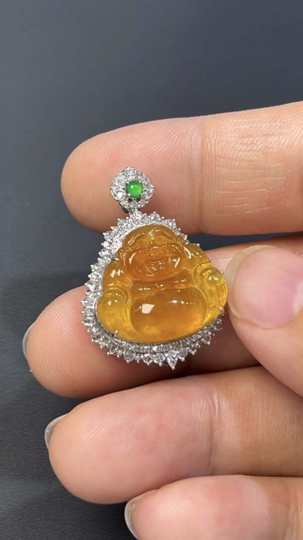 黃金色翡翠佛公吊墜｜編號#543 富貴喜相 × 18K白金 × 鑽石鑲嵌推薦 - Image 2
