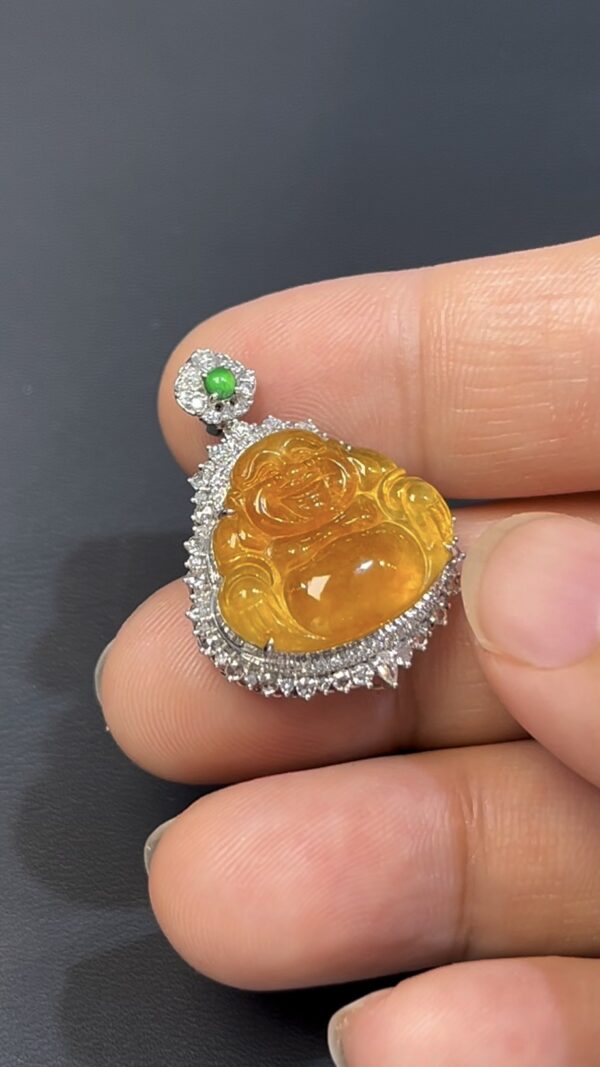 黃金色翡翠佛公吊墜｜編號#543 富貴喜相 × 18K白金 × 鑽石鑲嵌推薦 - Image 4