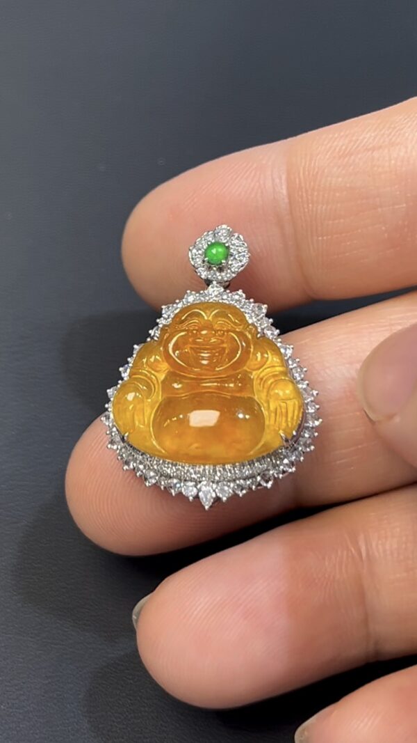 黃金色翡翠佛公吊墜｜編號#543 富貴喜相 × 18K白金 × 鑽石鑲嵌推薦 - Image 5