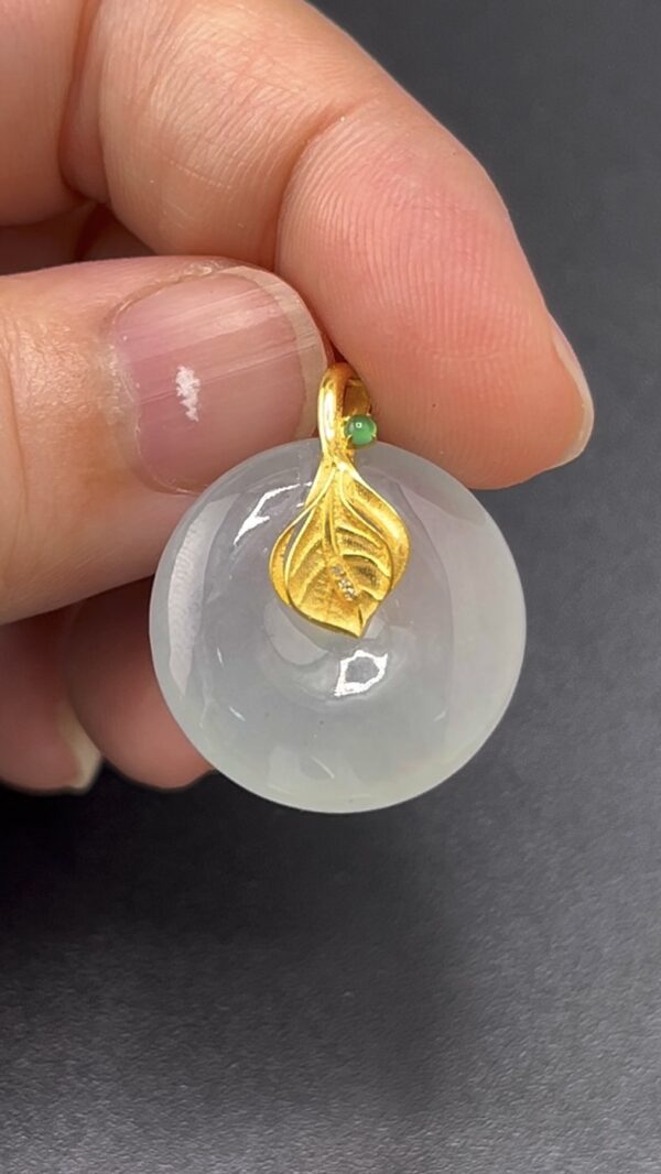 翡翠平安扣吊墜 編號#620｜18K黃金樹葉扣頭｜純淨玉種 收藏首選