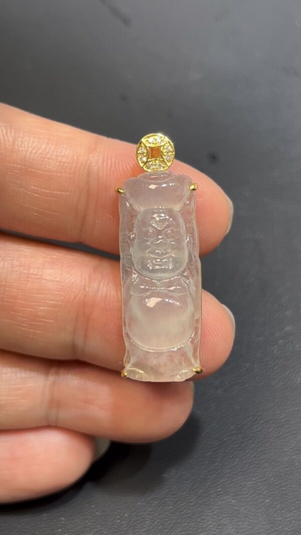 冰透翡翠彌勒佛吊墜 手舉元寶｜18K黃金銅錢扣頭｜招財寓意 編號#647