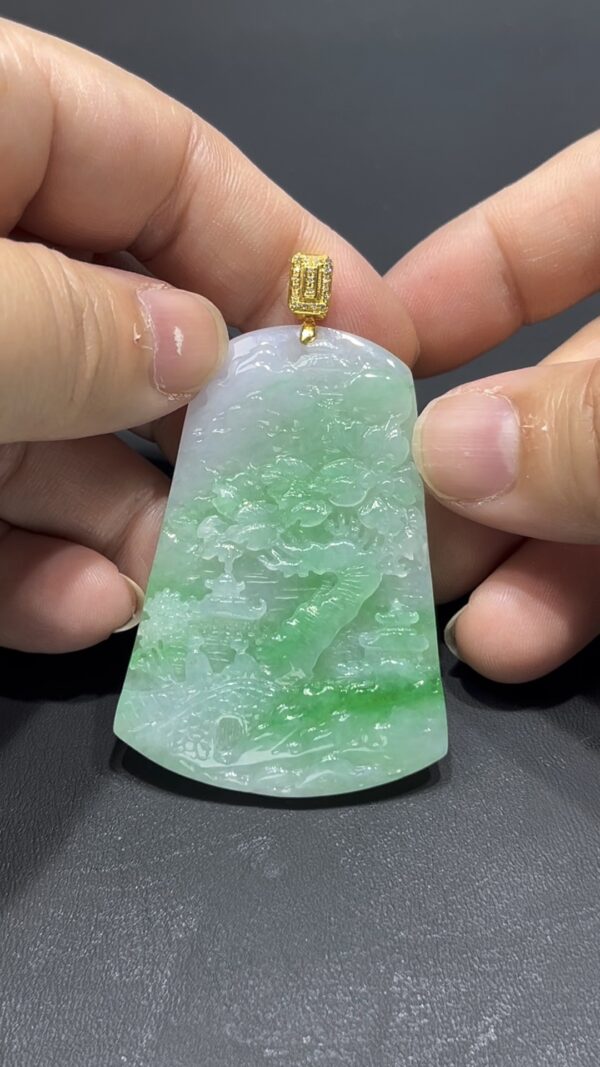 翡翠山水牌｜老坑種白底青質地｜18K金扣藝術精品收藏推薦 編號#706 - Image 9