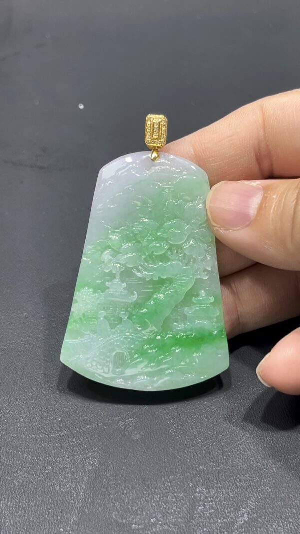 翡翠山水牌｜老坑種白底青質地｜18K金扣藝術精品收藏推薦 編號#706 - Image 4