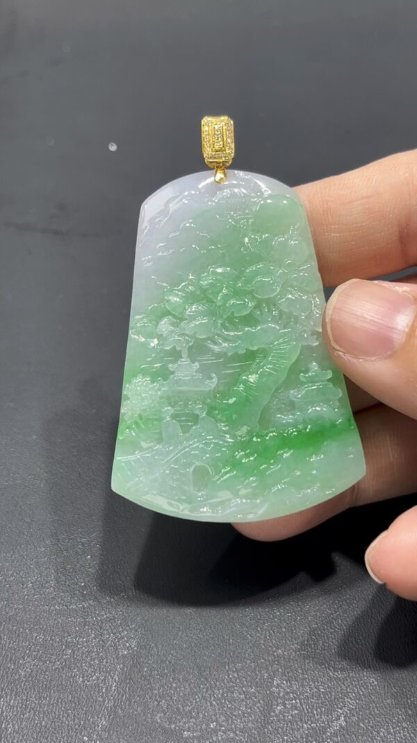 翡翠山水牌｜老坑種白底青質地｜18K金扣藝術精品收藏推薦 編號#706 - Image 8