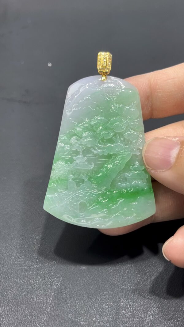 翡翠山水牌｜老坑種白底青質地｜18K金扣藝術精品收藏推薦 編號#706