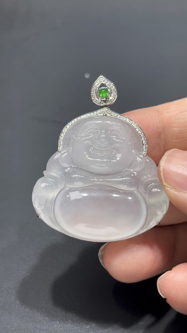 翡翠佛公吊墜｜冰種細膩玉料 × 熒光十足 × 18K鑽石鑲嵌｜大肚能容天下事翡翠推薦 #719 - Image 8